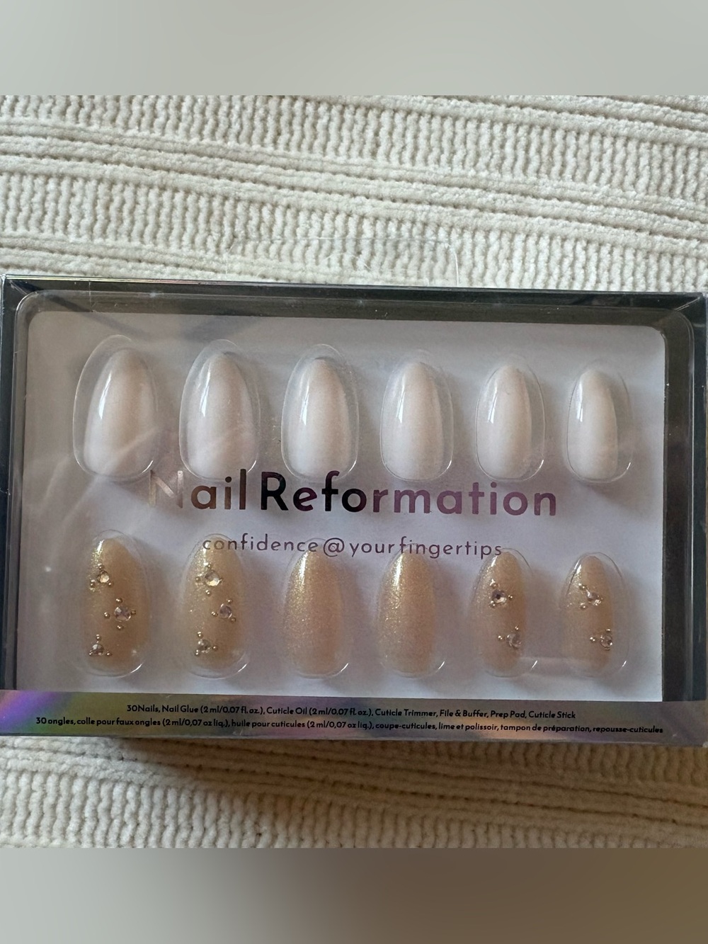 Nail Reformation Cream Rhinestone Press-On Nail Set with Gold Accents
